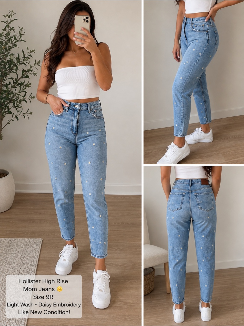 Hollister Light Blue High-Rise Mom Jeans with Daisy Embroidery